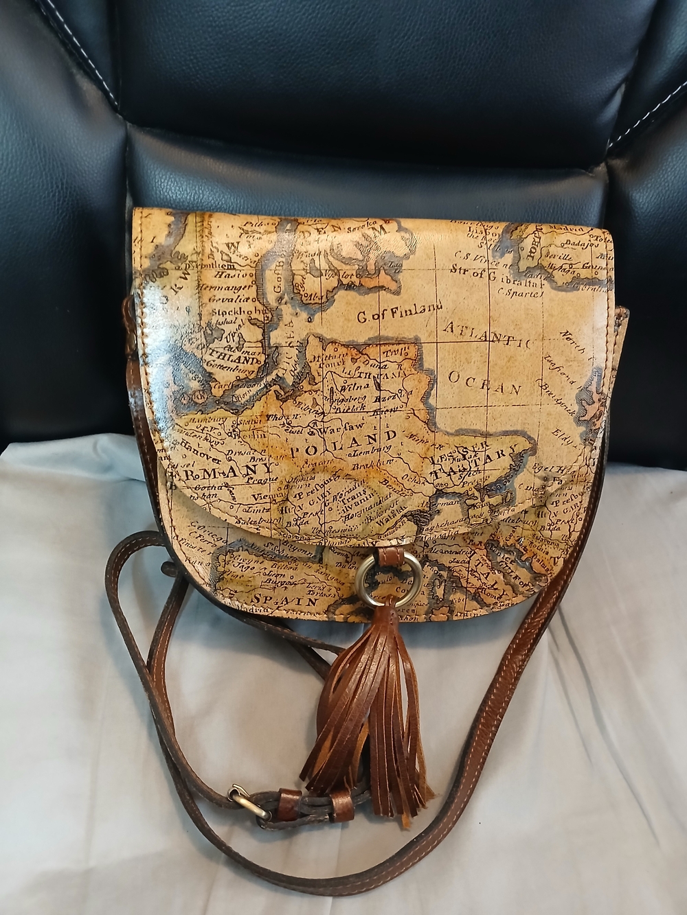 Patricia Nash Map-Print Brown Crossbody Bag with Tassel
